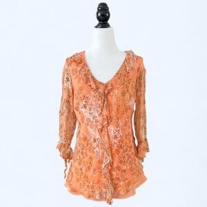 Y2K i e Orange Floral Silk Tunic Fairy Feminine Chiffon Ruffle Top Medium